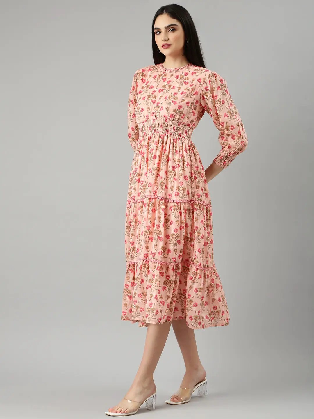 Women's Peach Floral Fit and Flare Dress