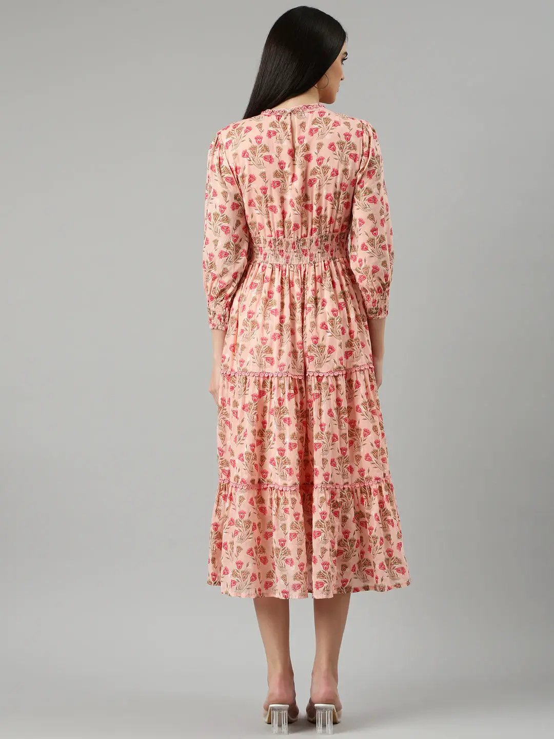 Women's Peach Floral Fit and Flare Dress
