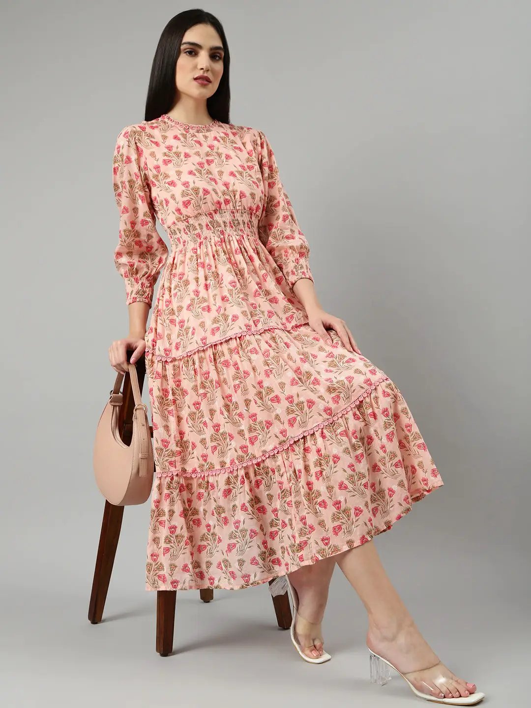 Women's Peach Floral Fit and Flare Dress