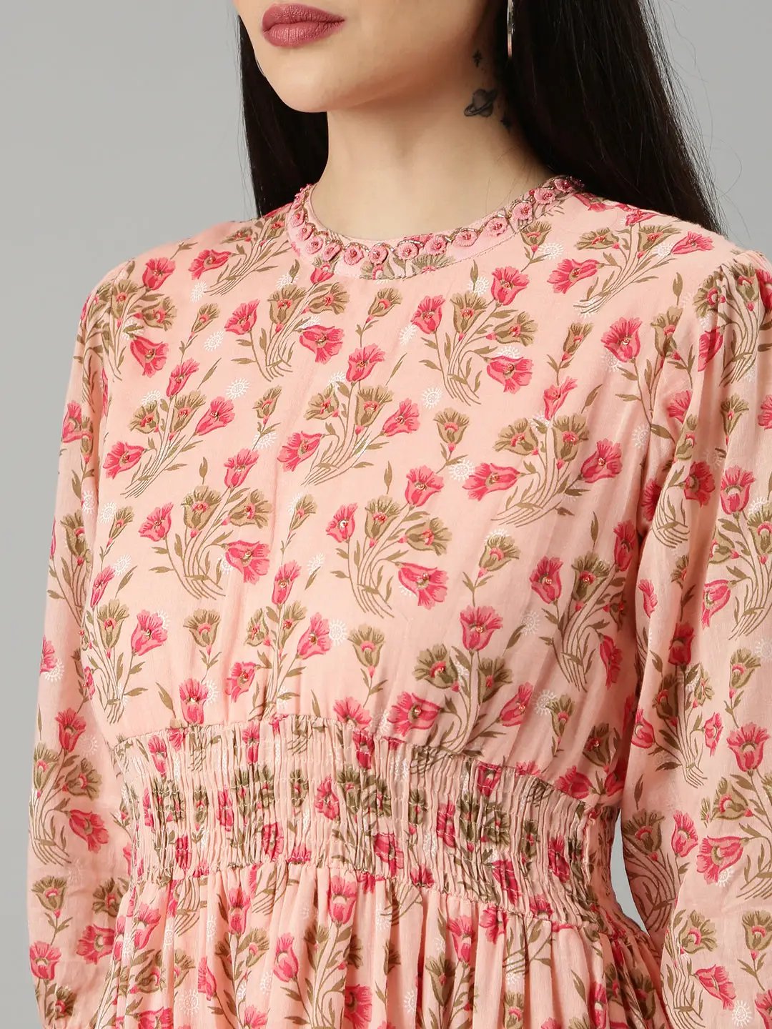 Women's Peach Floral Fit and Flare Dress