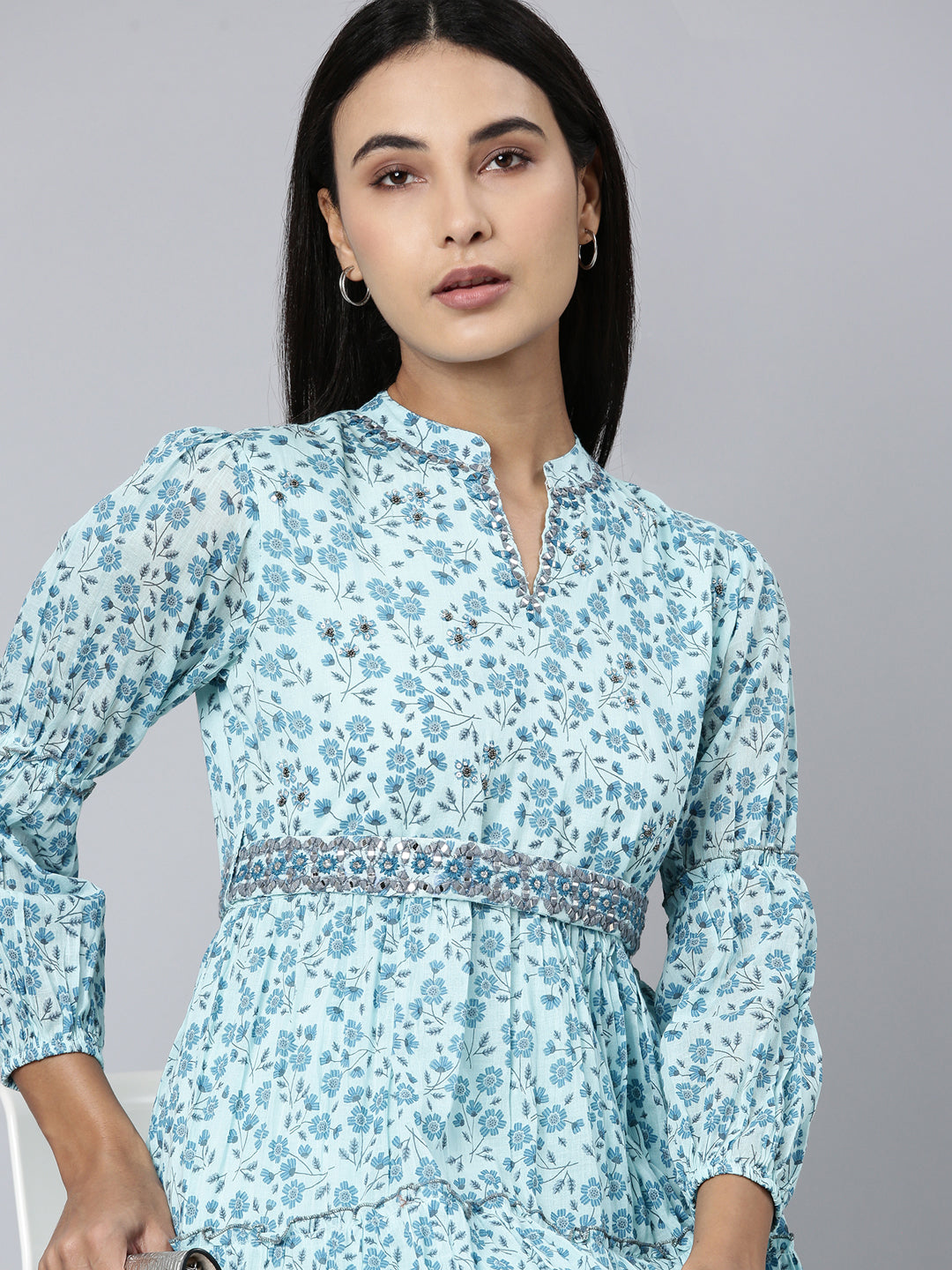 Women Blue Floral Fit and Flare Dress