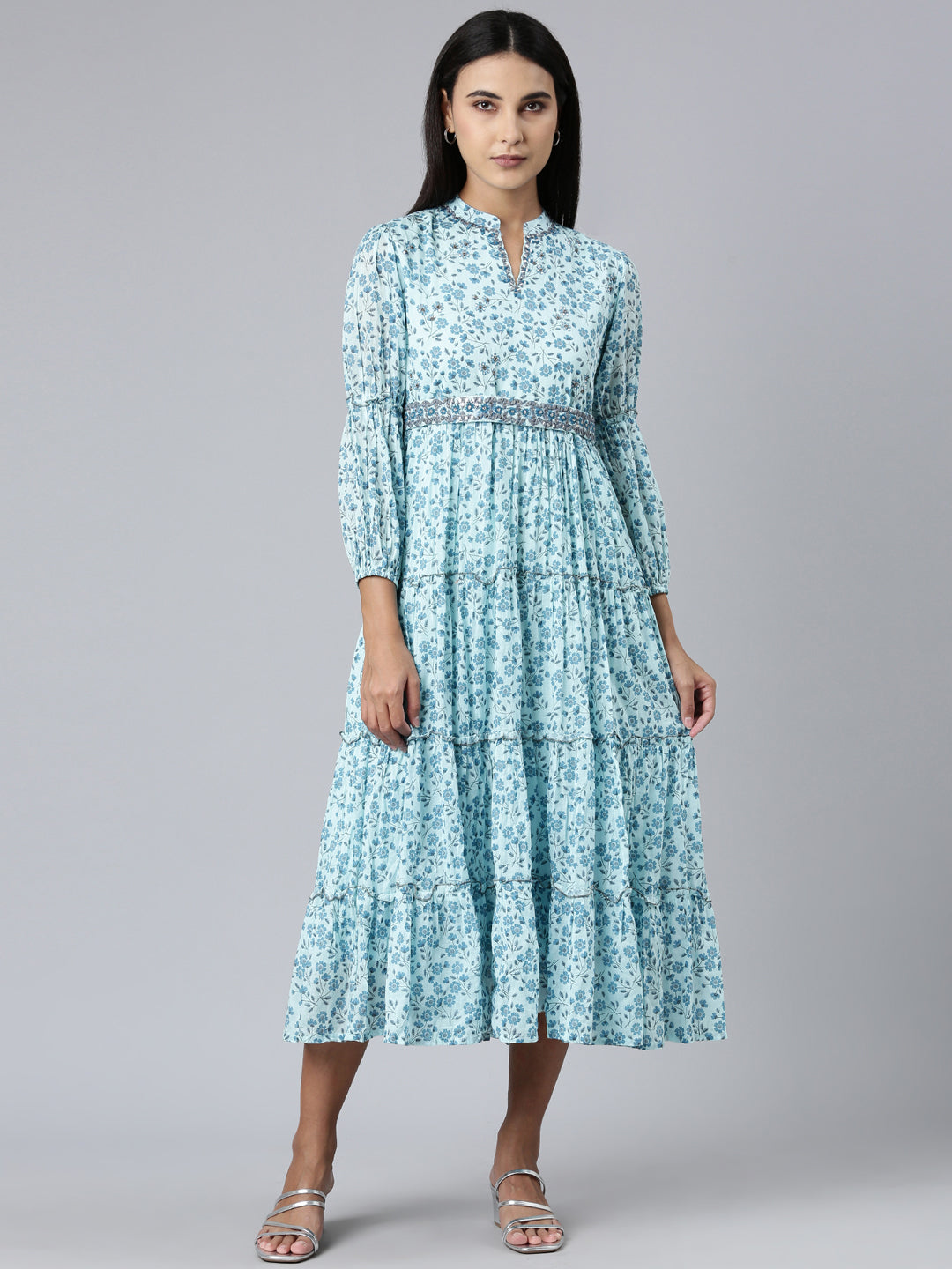 Women Blue Floral Fit and Flare Dress