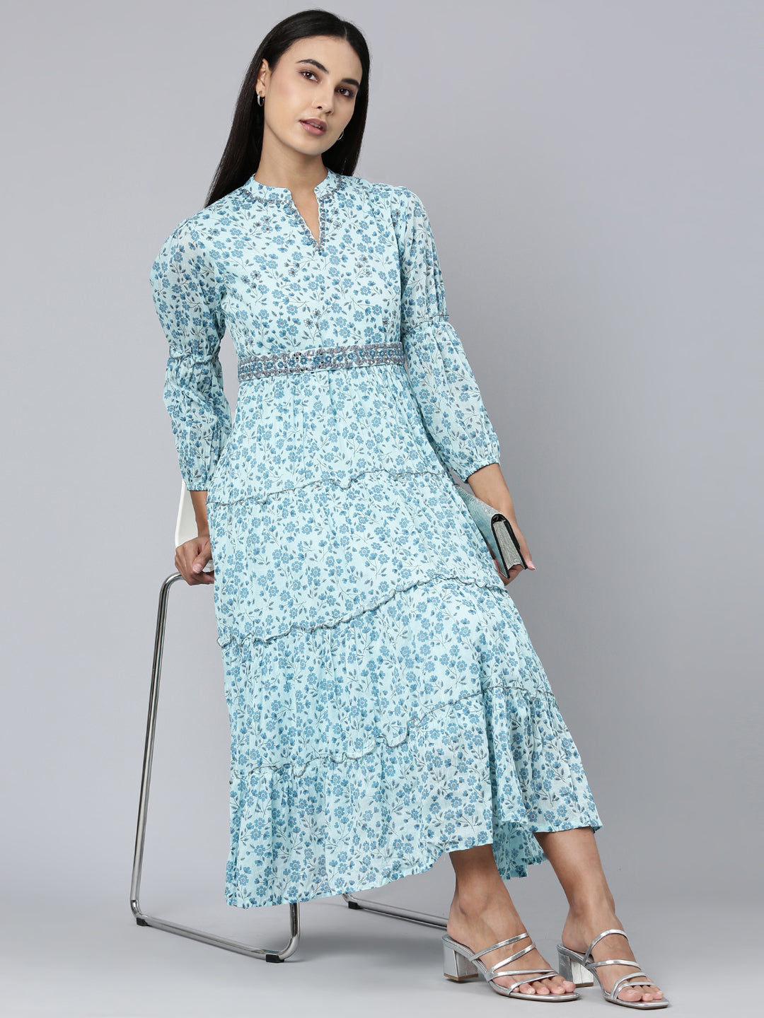 Women Blue Floral Fit and Flare Dress