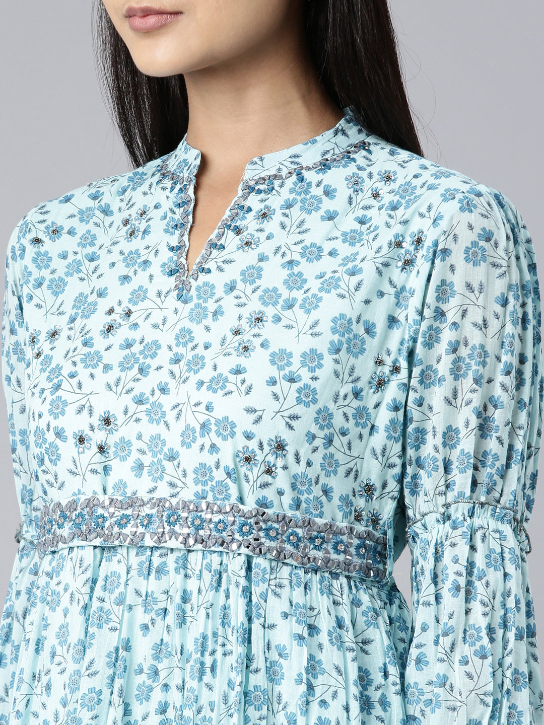 Women Blue Floral Fit and Flare Dress