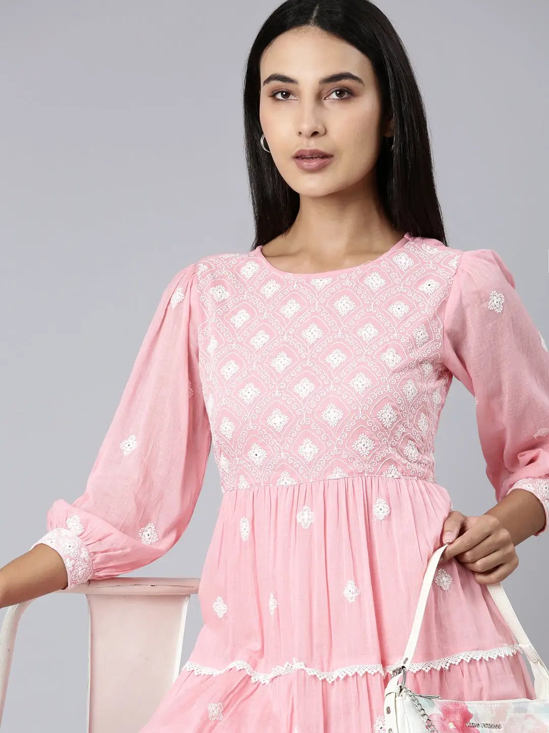 Women's Pink Ethnic Motifs Embroidered Puff Sleeve Fit & Flare Midi Dress