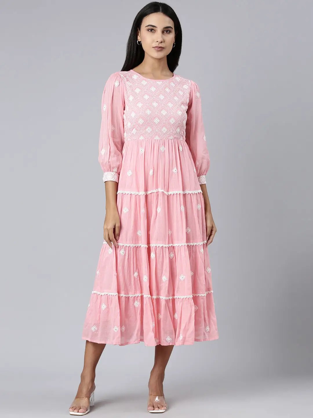 Women's Pink Ethnic Motifs Embroidered Puff Sleeve Fit & Flare Midi Dress