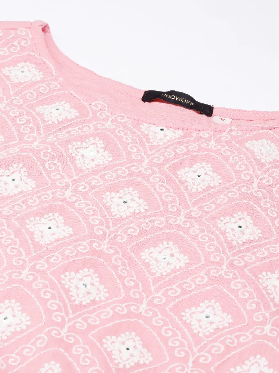 Women's Pink Ethnic Motifs Embroidered Puff Sleeve Fit & Flare Midi Dress