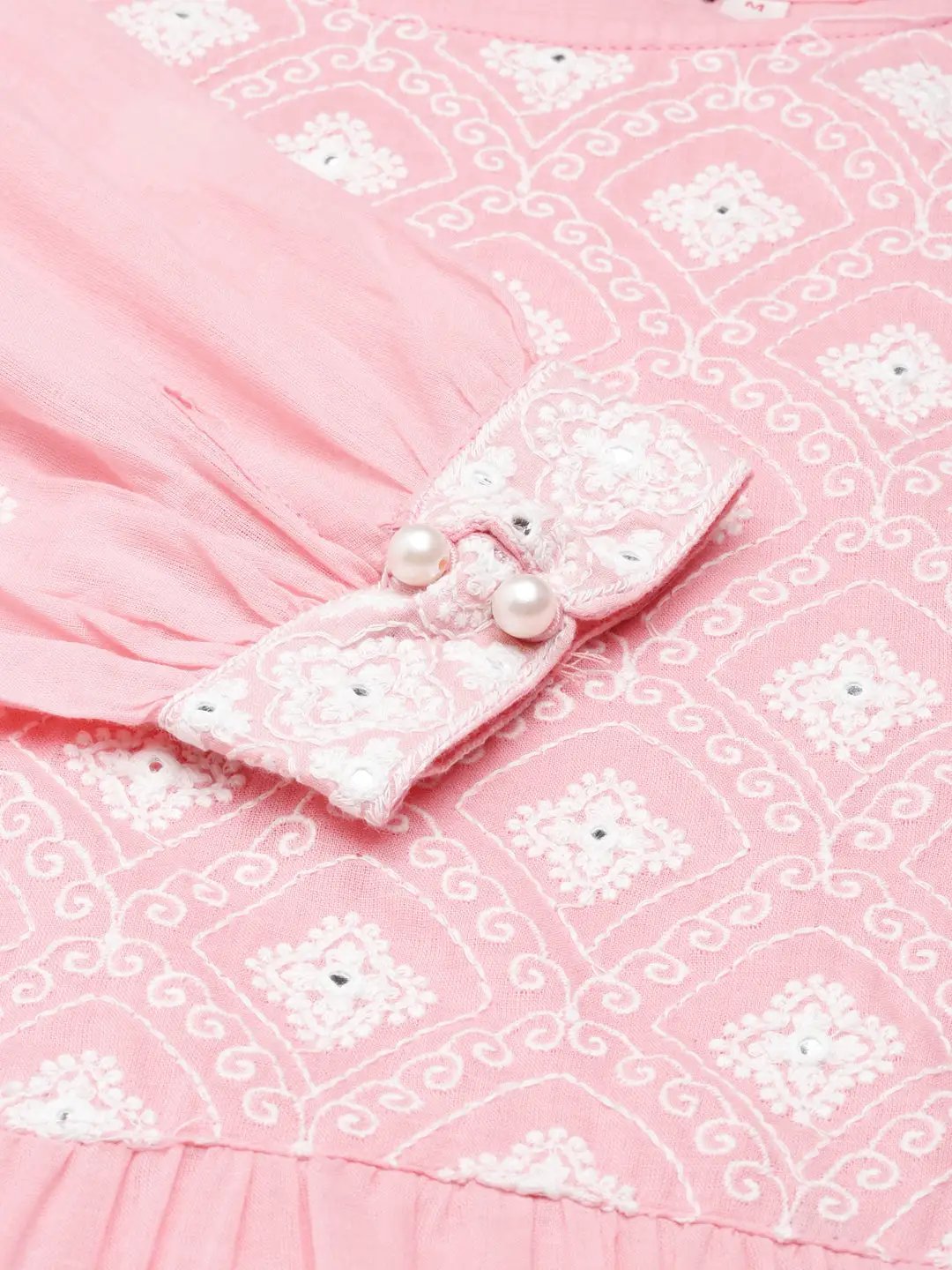 Women's Pink Ethnic Motifs Embroidered Puff Sleeve Fit & Flare Midi Dress