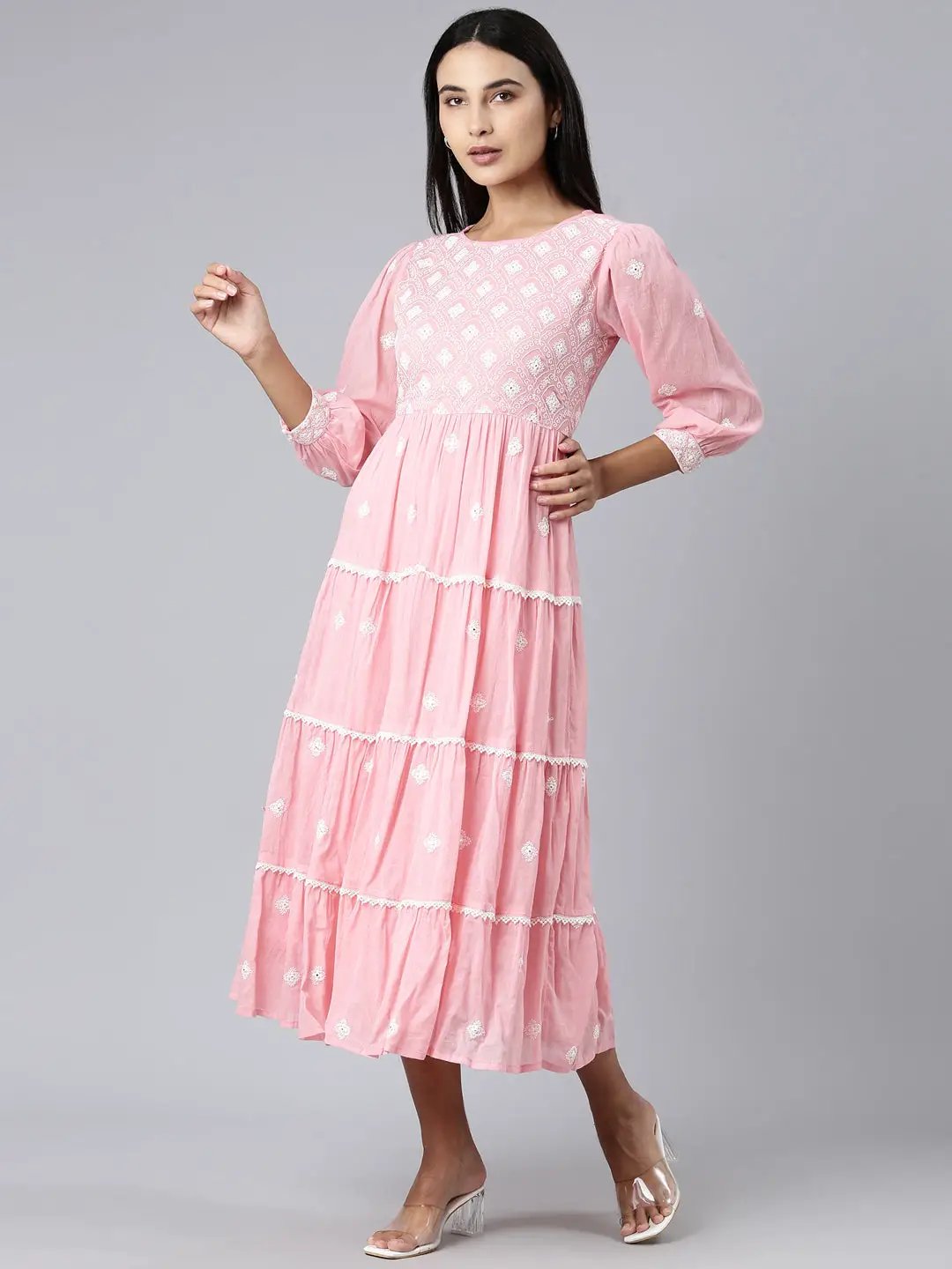 Women's Pink Ethnic Motifs Embroidered Puff Sleeve Fit & Flare Midi Dress