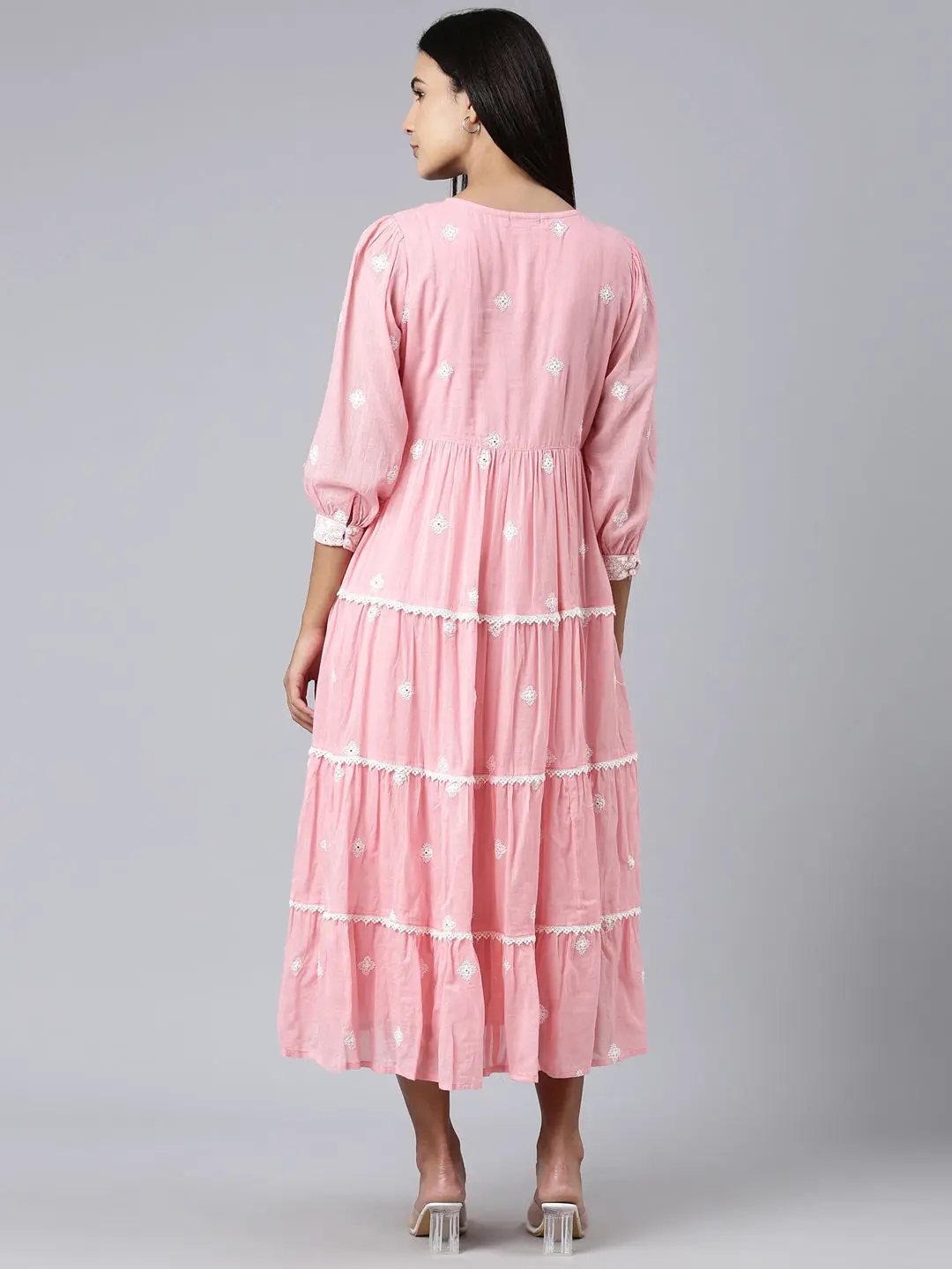 Women's Pink Ethnic Motifs Embroidered Puff Sleeve Fit & Flare Midi Dress