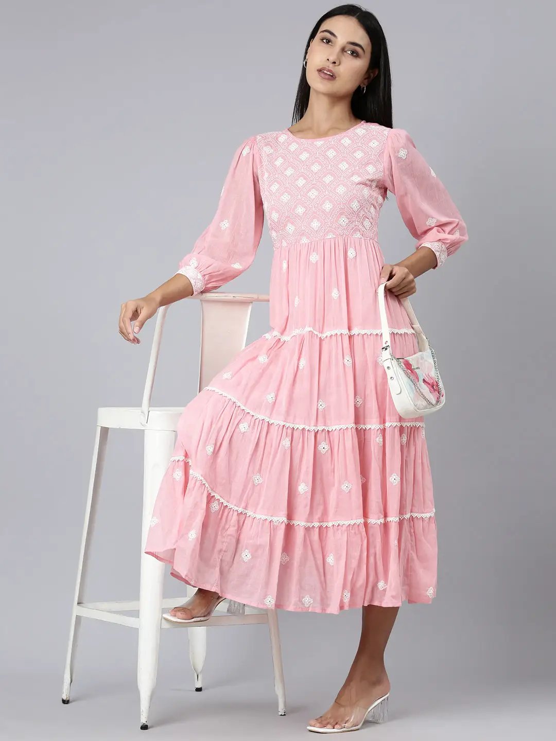 Women's Pink Ethnic Motifs Embroidered Puff Sleeve Fit & Flare Midi Dress