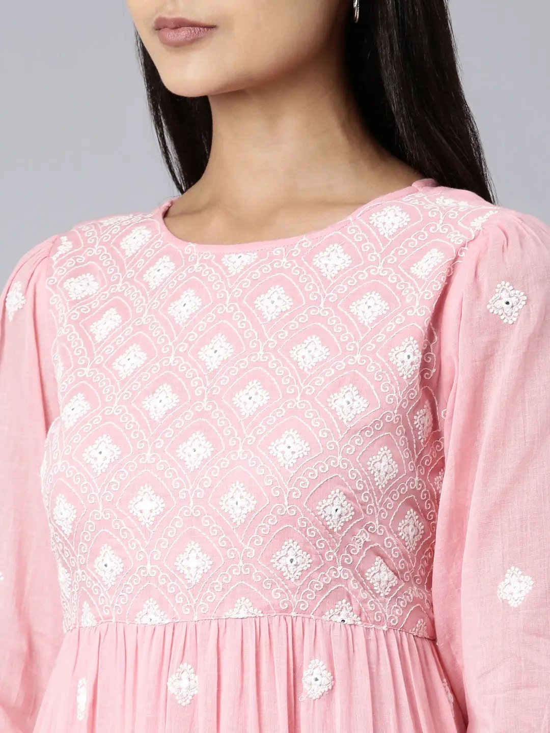 Women's Pink Ethnic Motifs Embroidered Puff Sleeve Fit & Flare Midi Dress