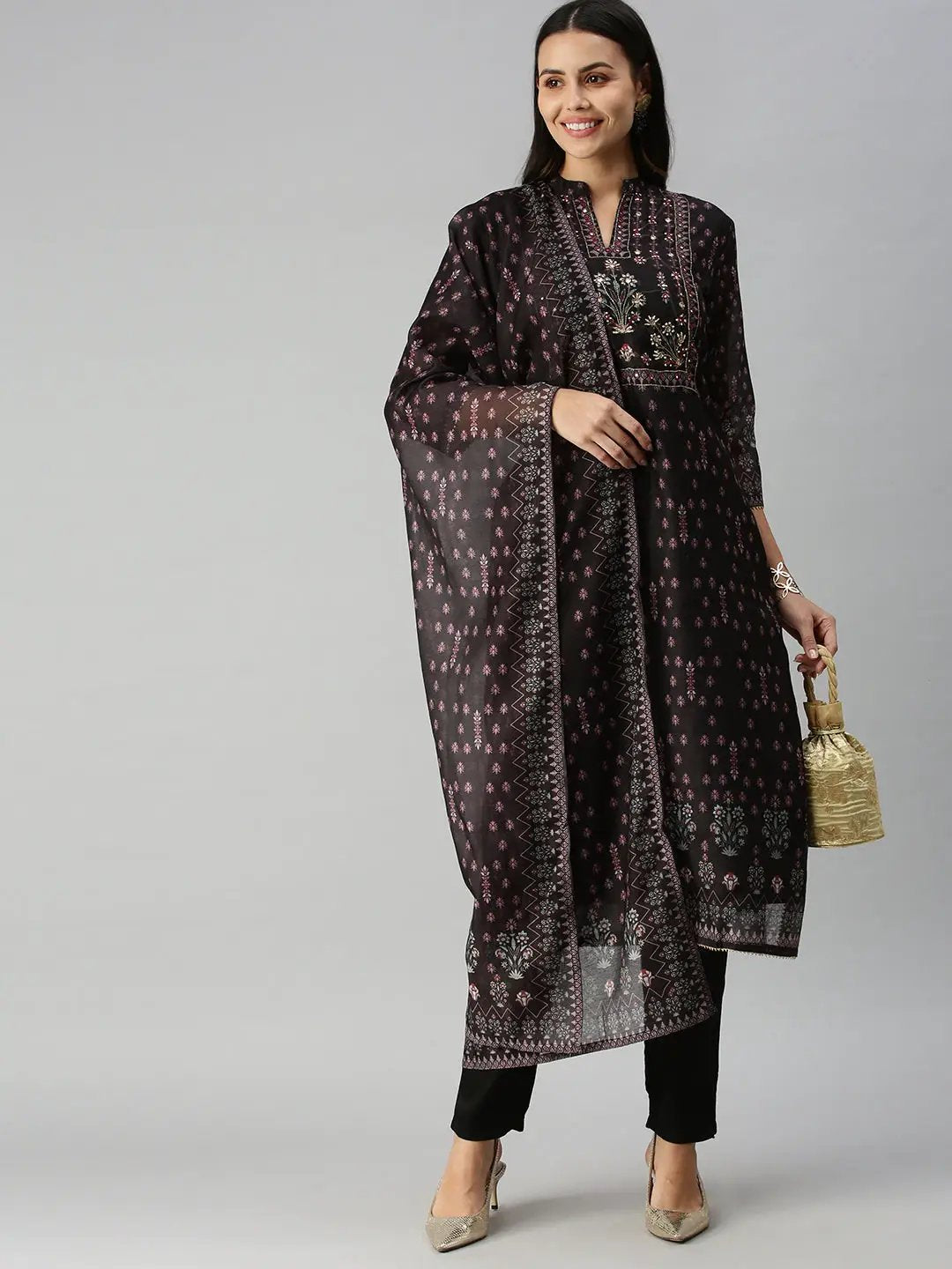 Women's Black Embroidered Kurta Sets with Dupatta