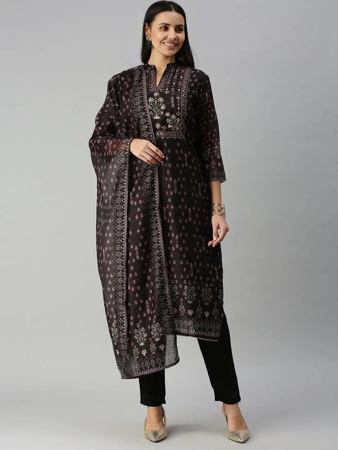 Women's Black Embroidered Kurta Sets with Dupatta