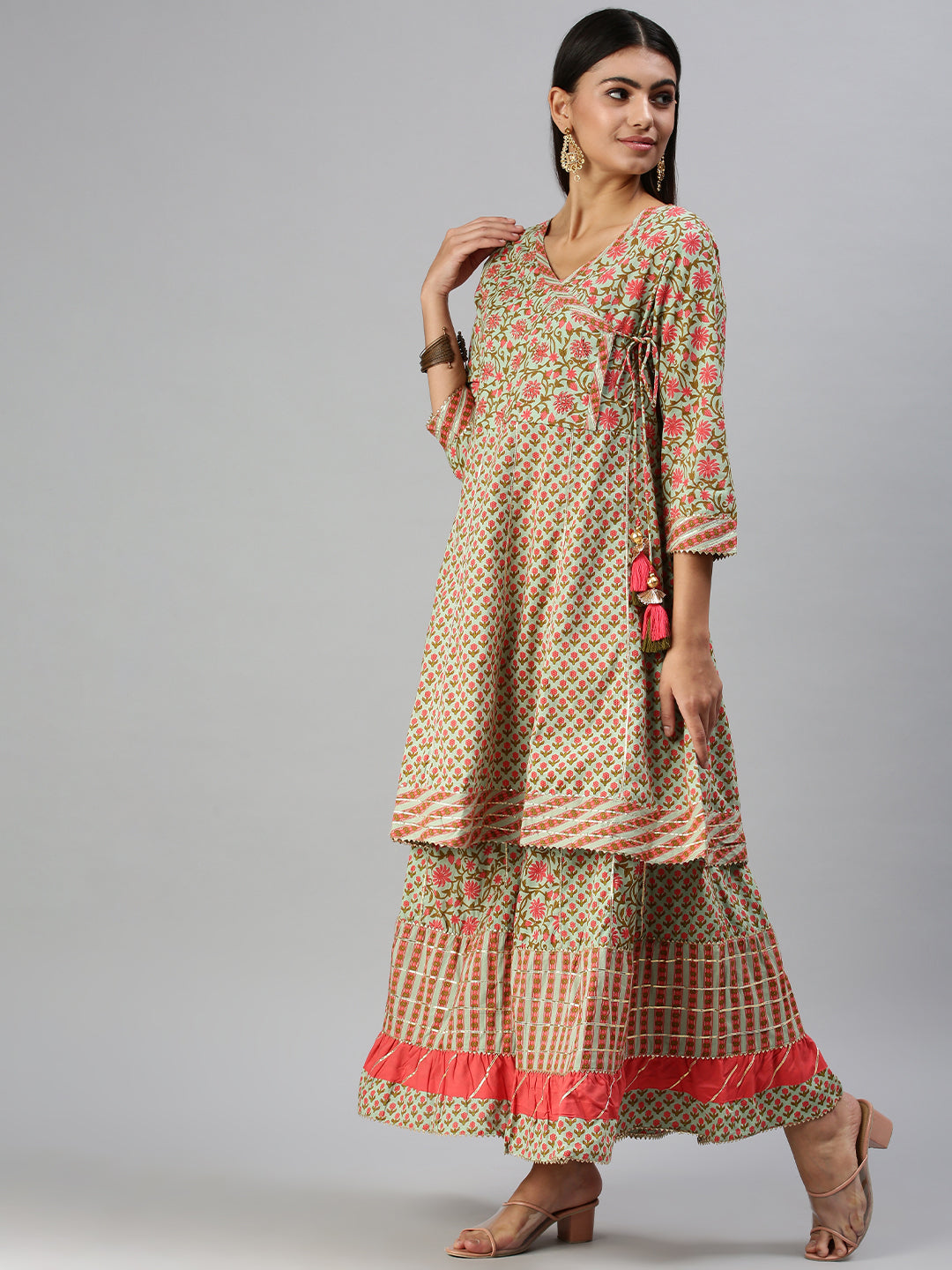 Women's Green & Pink Printed Kurta Sets