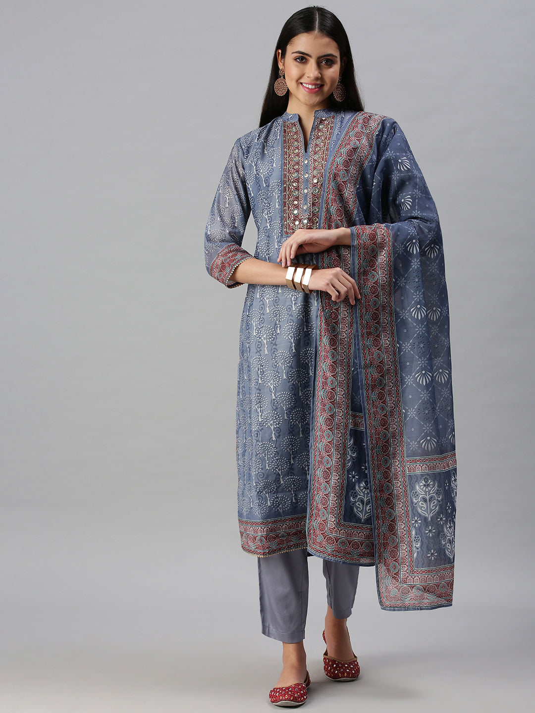 Women's Grey & Blue Printed Kurta Sets