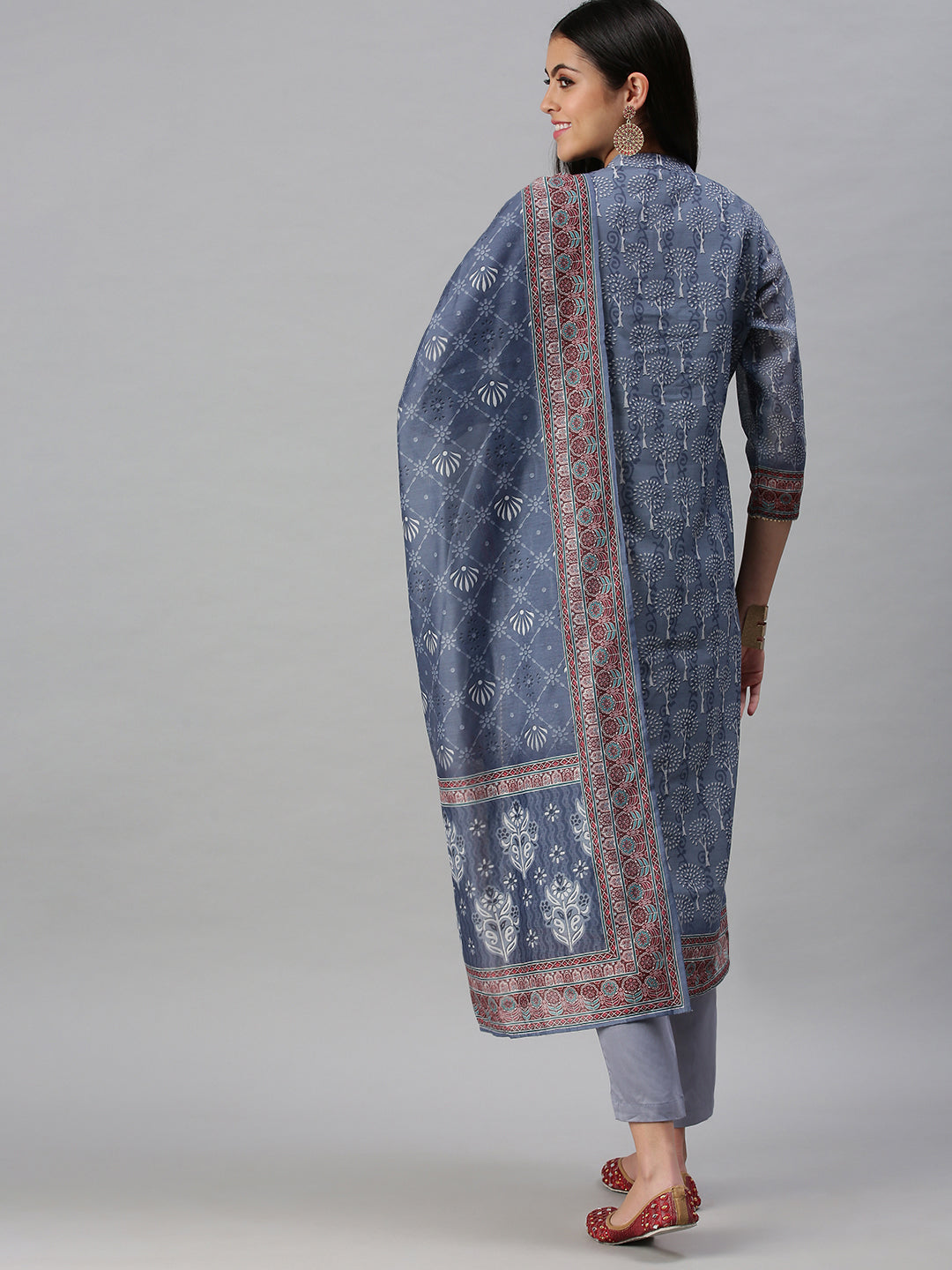 Women's Grey & Blue Printed Kurta Sets