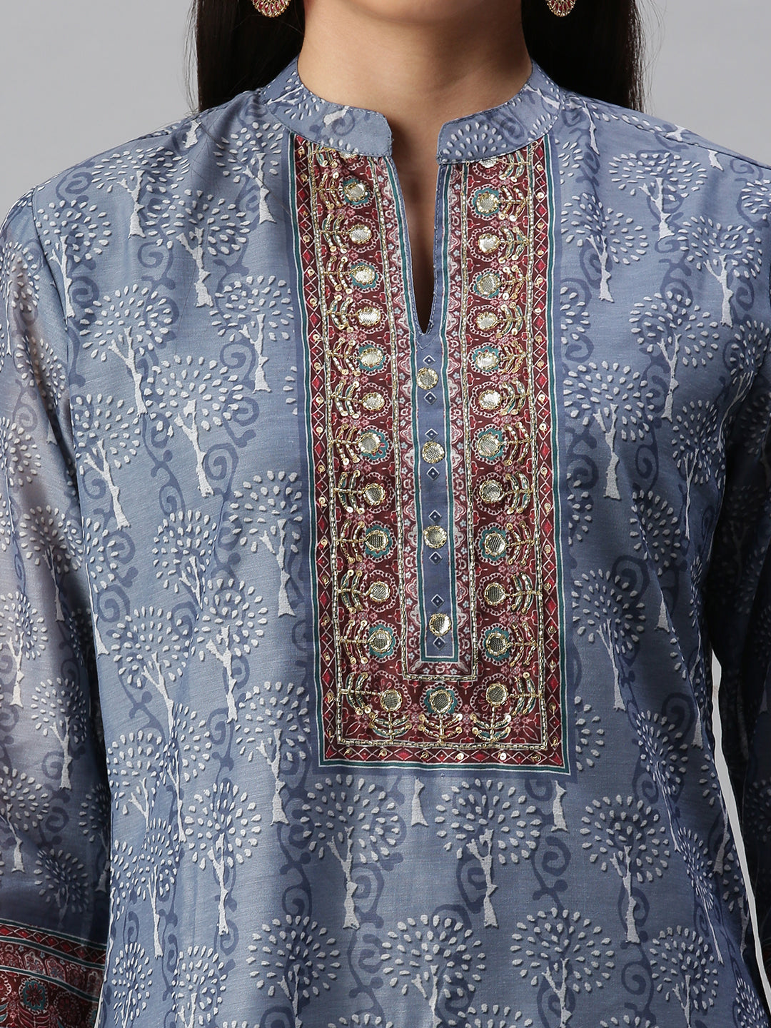 Women's Grey & Blue Printed Kurta Sets