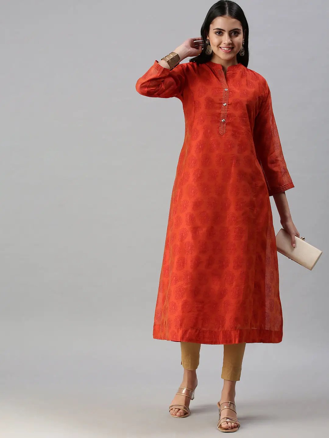 Women's Orange Printed A-Line Kurta