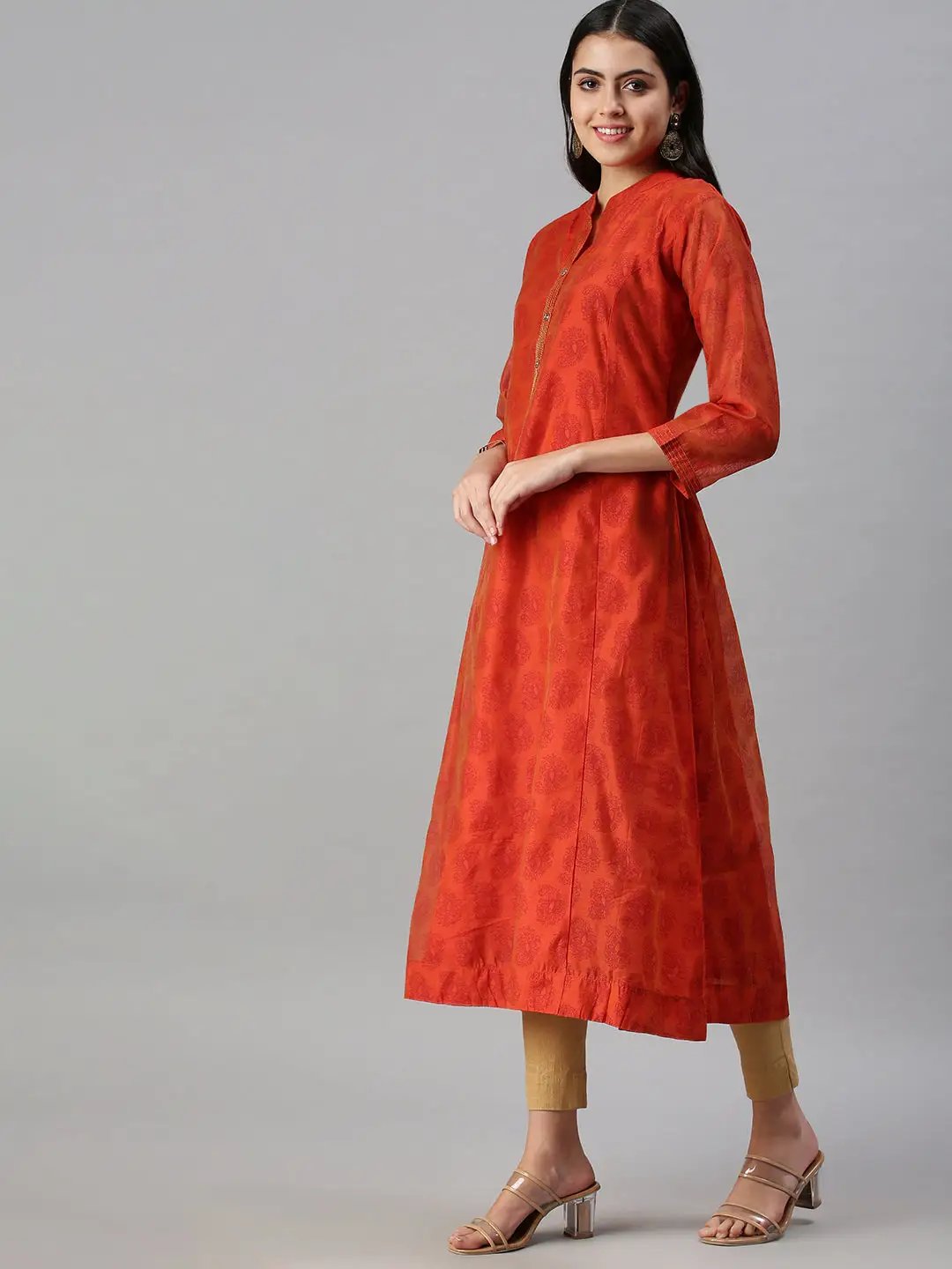 Women's Orange Printed A-Line Kurta