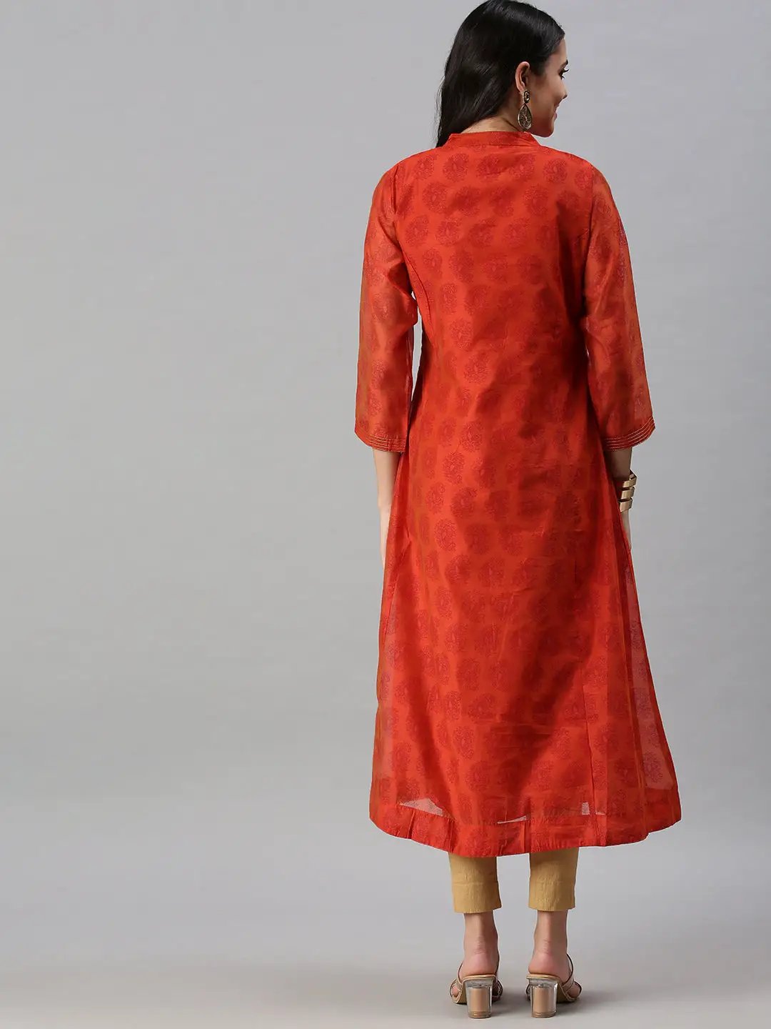 Women's Orange Printed A-Line Kurta