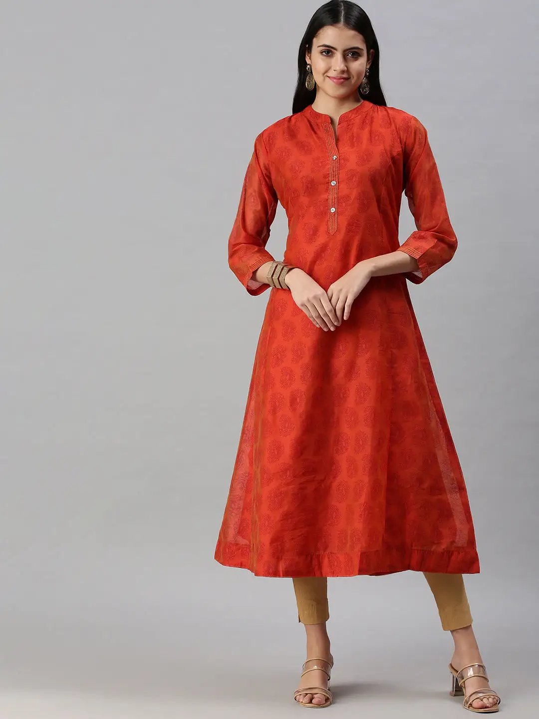 Women's Orange Printed A-Line Kurta