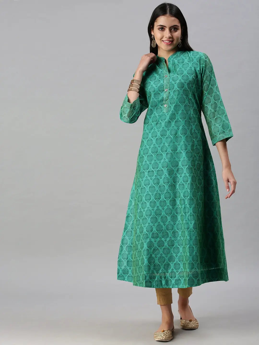 Women's Green Printed A-Line Kurta