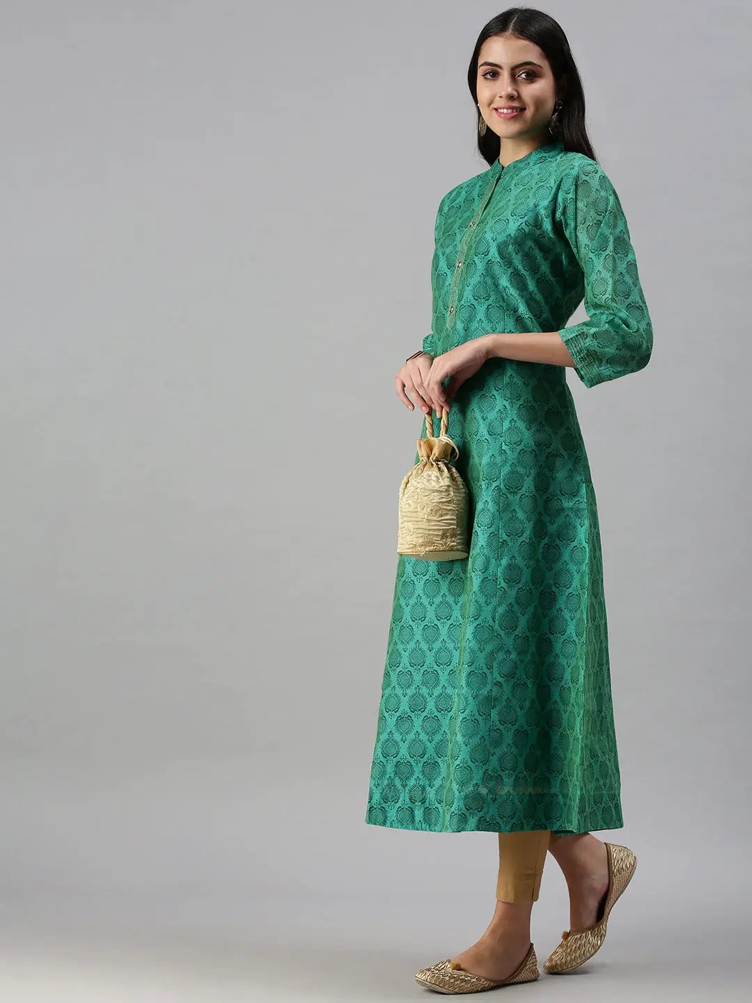Women's Green Printed A-Line Kurta