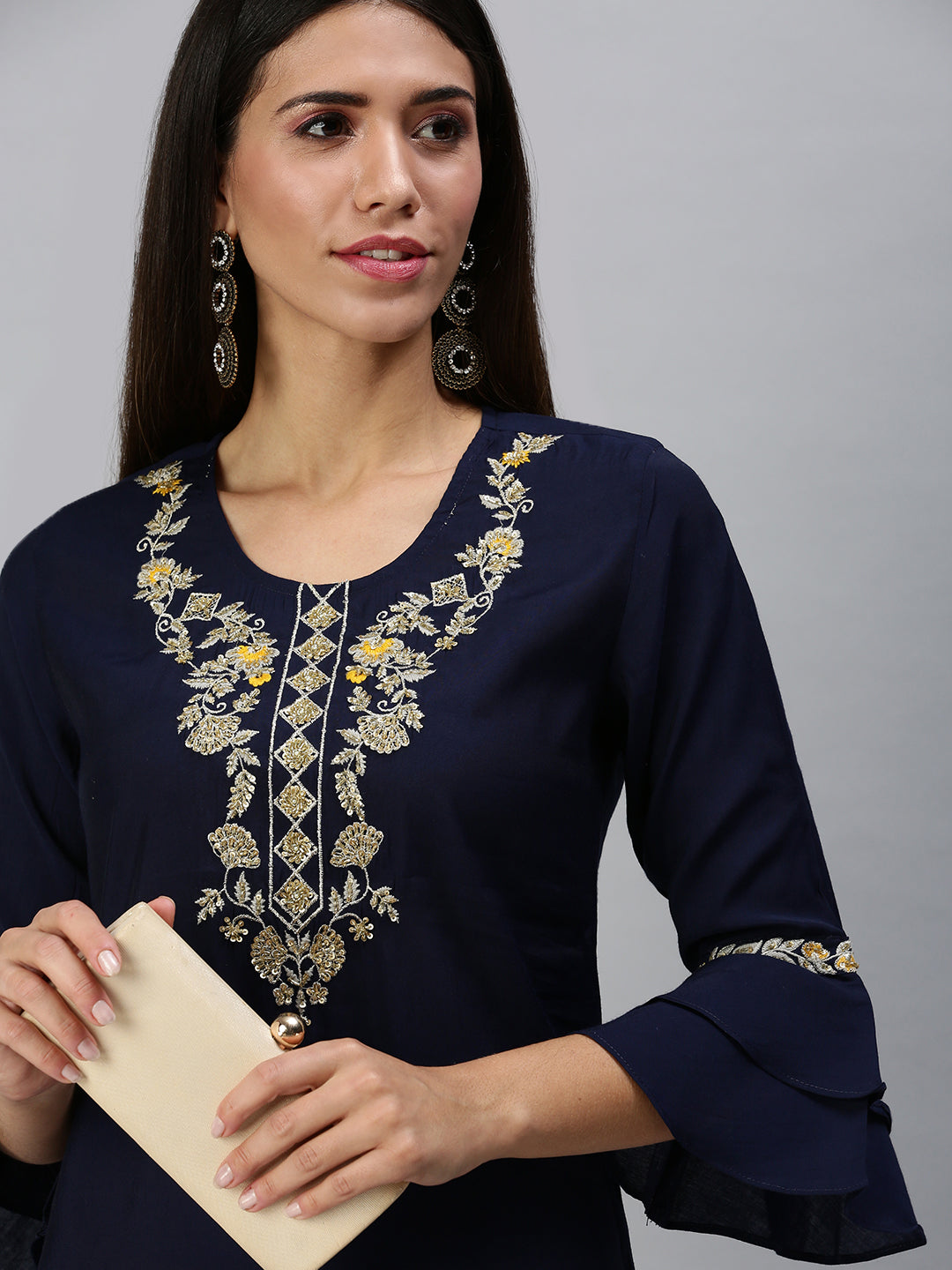 Women's Navy Blue & Yellow Solid Kurta Sets