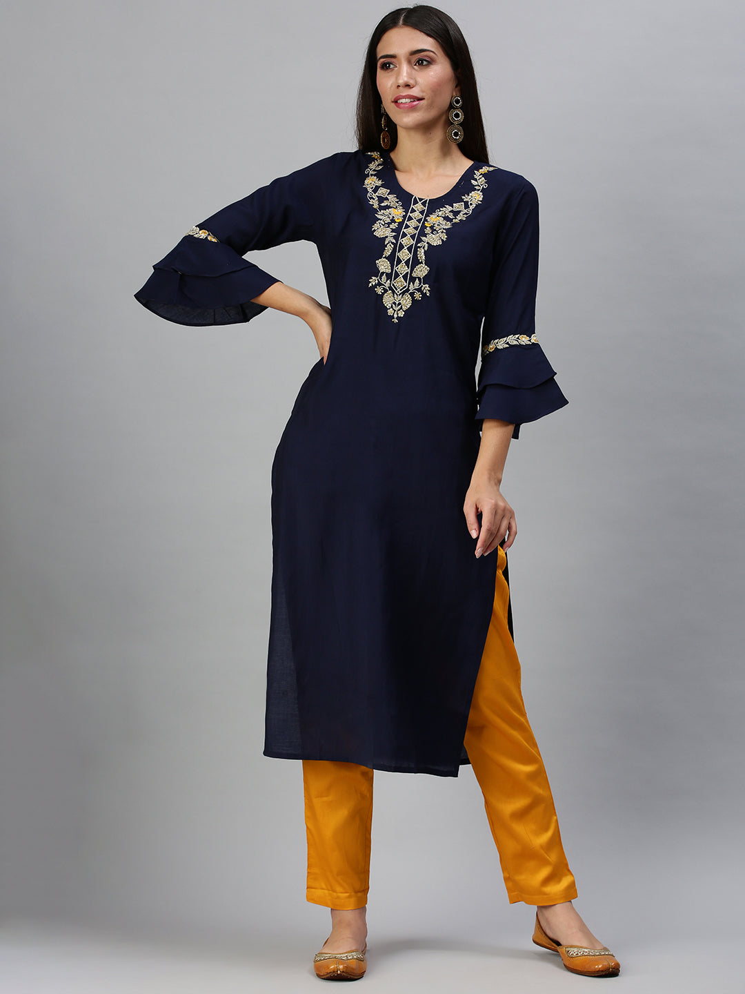 Women's Navy Blue & Yellow Solid Kurta Sets