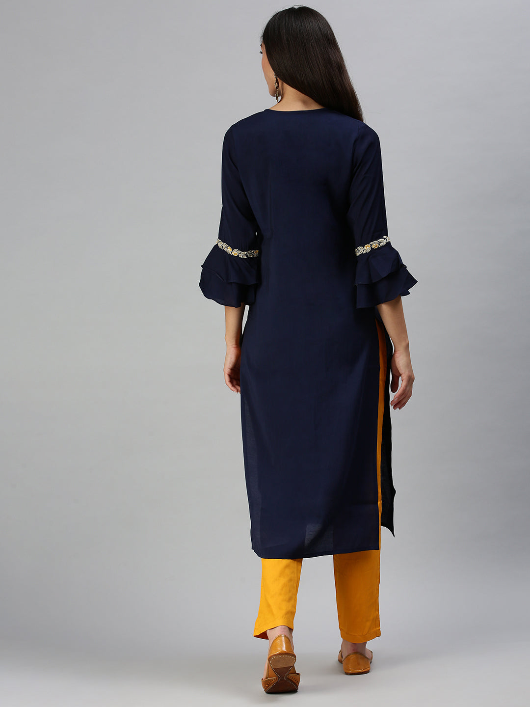 Women's Navy Blue & Yellow Solid Kurta Sets