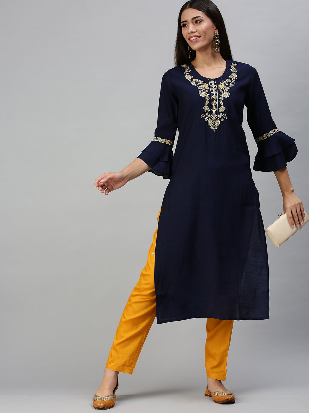 Women's Navy Blue & Yellow Solid Kurta Sets