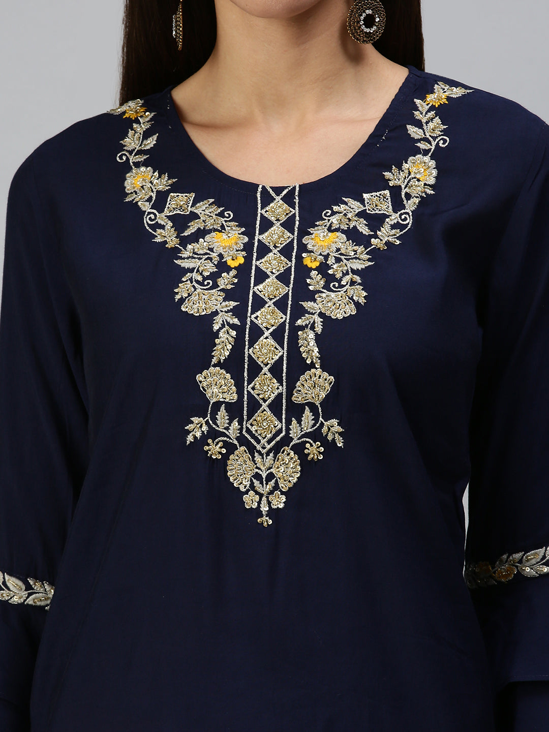 Women's Navy Blue & Yellow Solid Kurta Sets