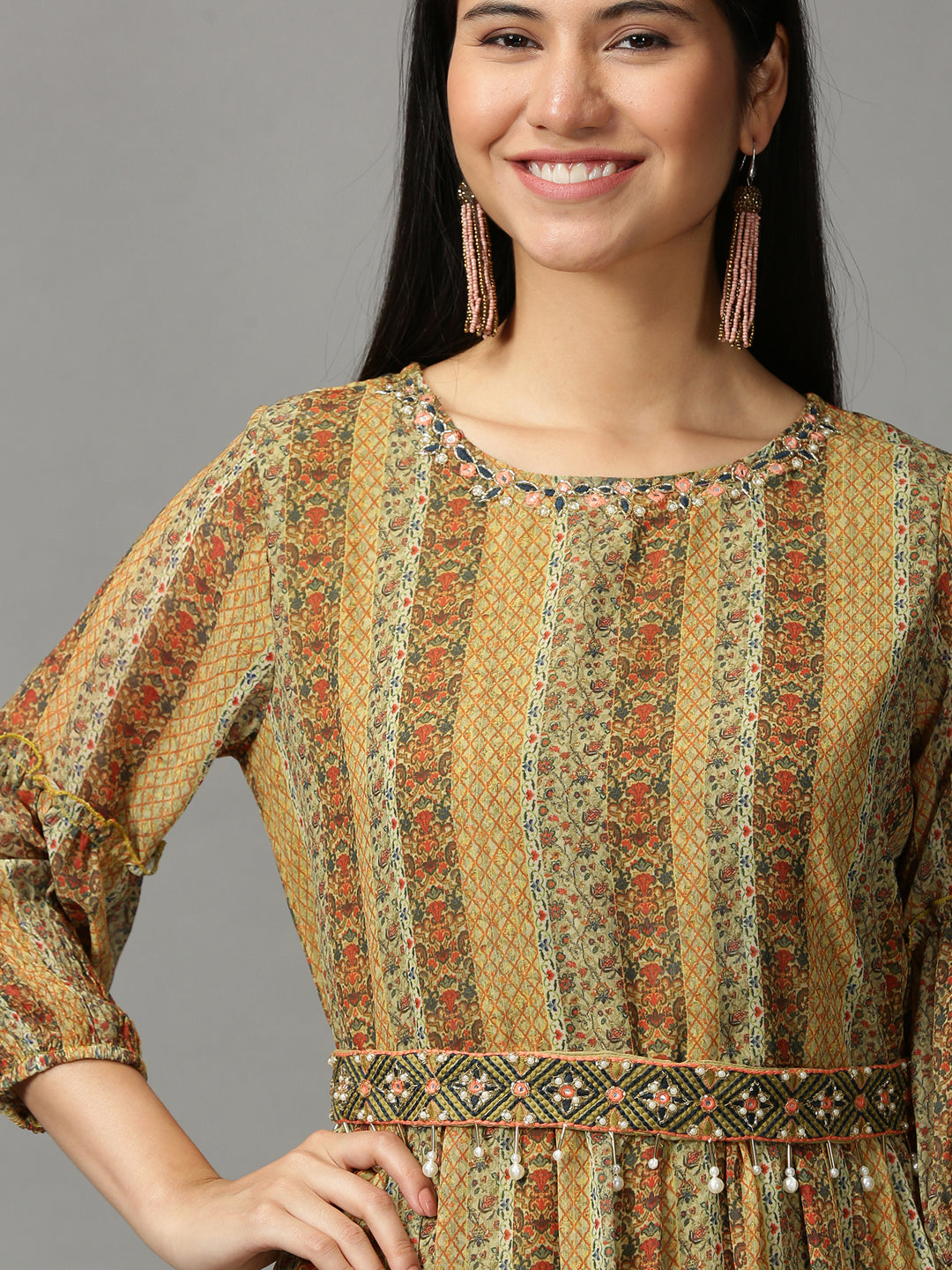 Women's Olive Printed Fit and Flare Kurta