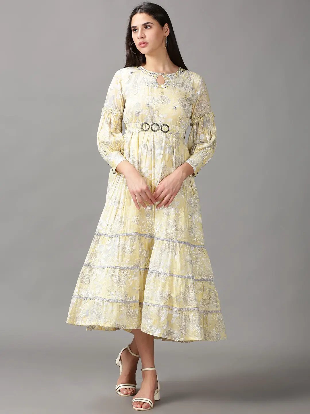 yellow floral fit and flare dress Vintage 50's Reich Yellow Cotton Floral Fit & Flare Dress with Rhinestones and Pearls