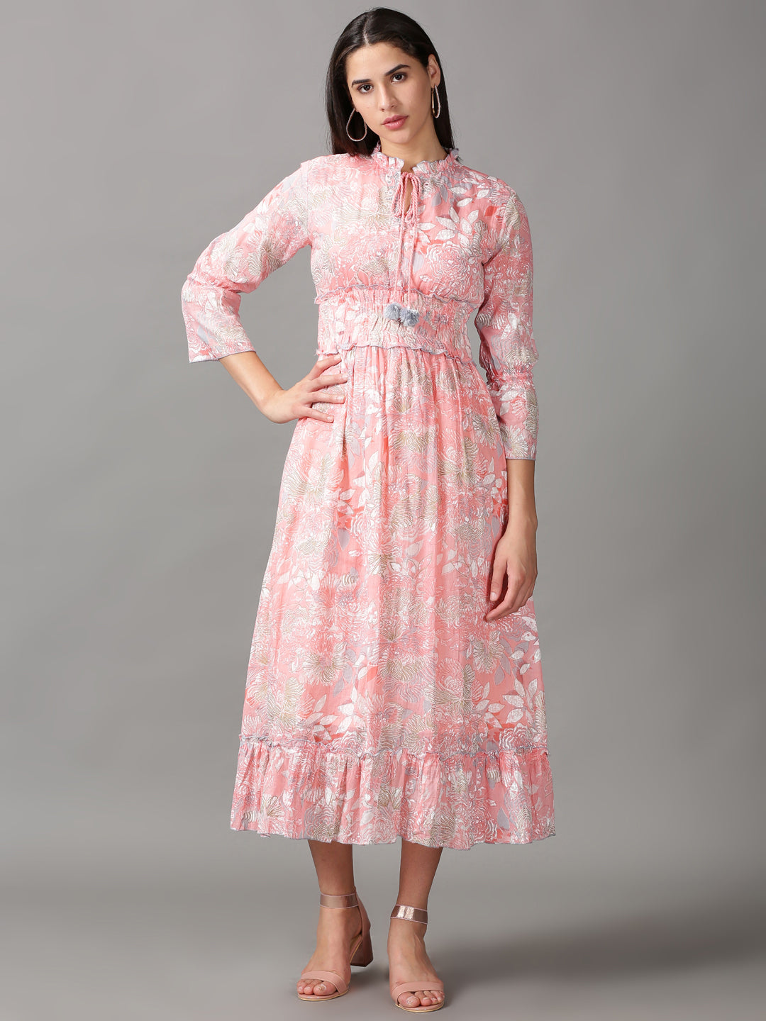 Women's Pink Printed Fit and Flare Dress