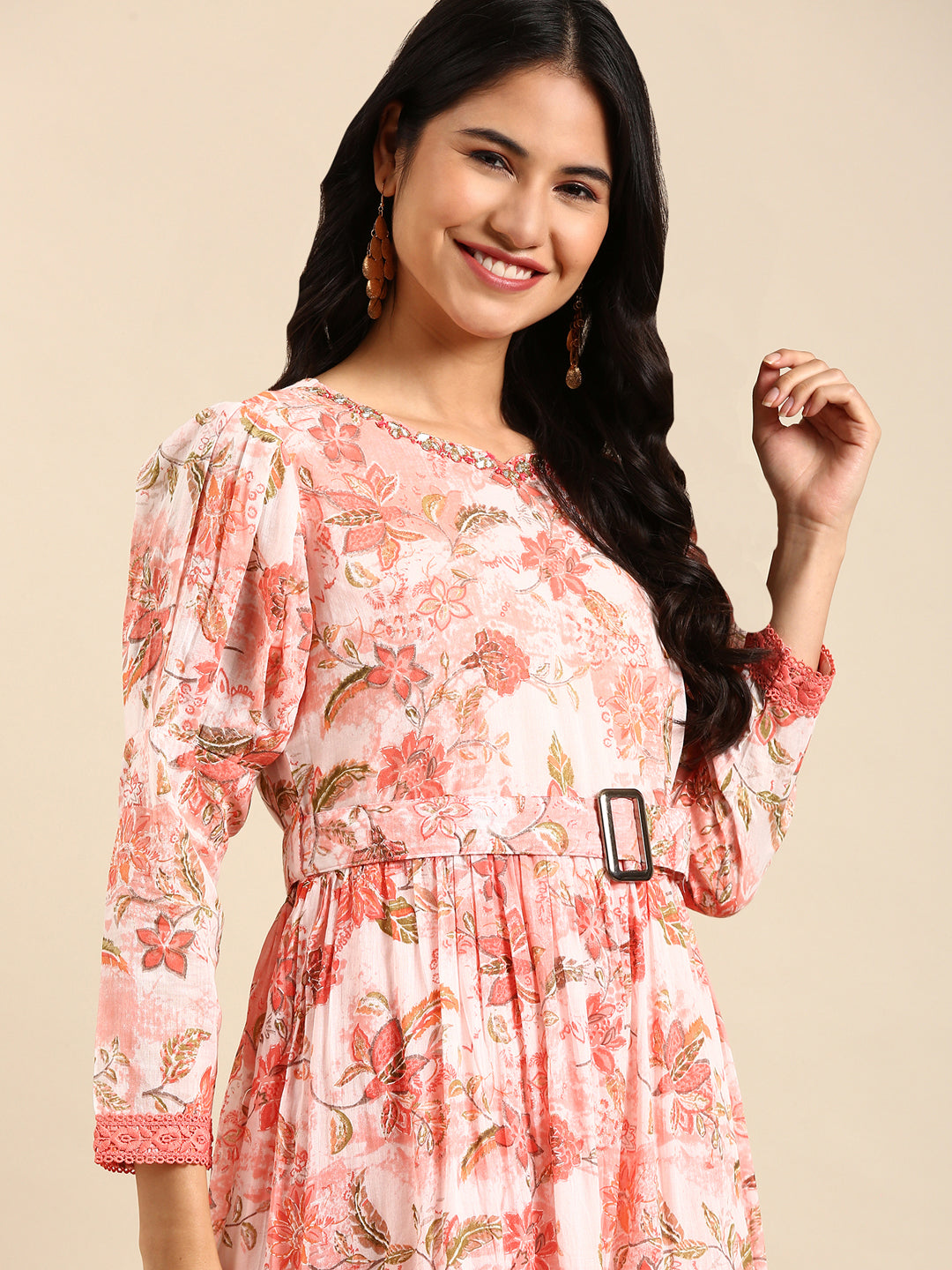 Women's Peach Printed Anarkali Kurta