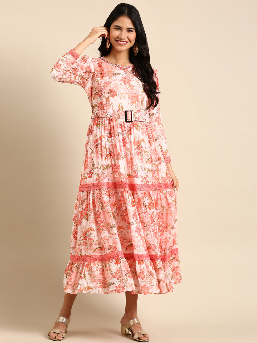 Women's Peach Printed Anarkali Kurta