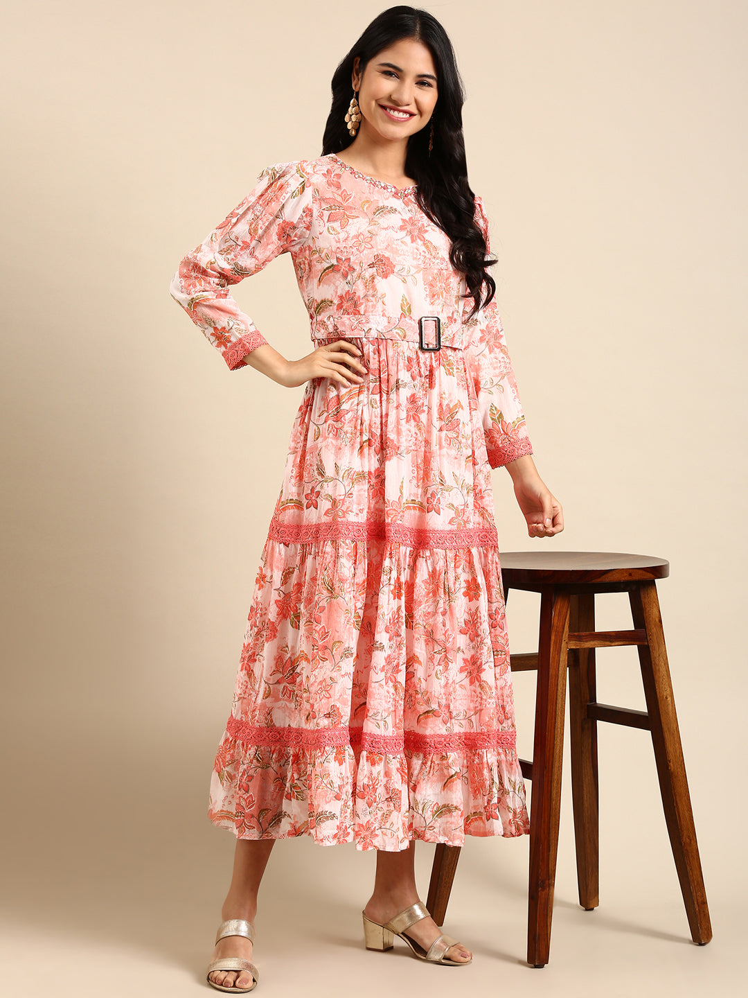 Women's Peach Printed Anarkali Kurta