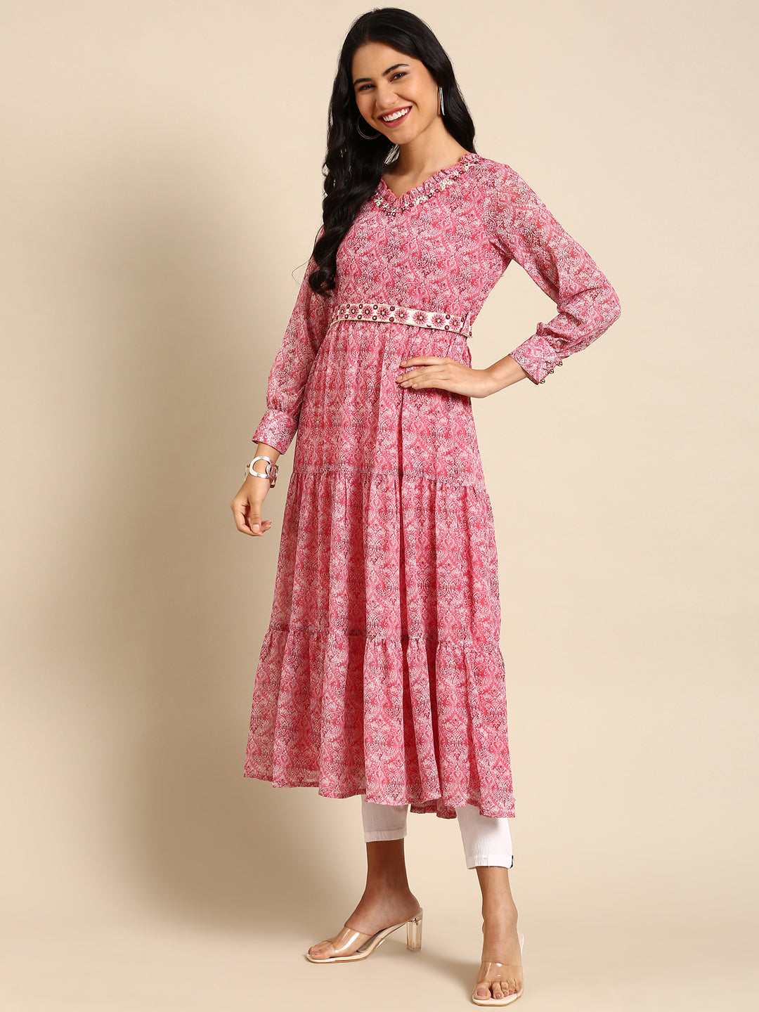 Women's Pink Embellished Anarkali Kurta