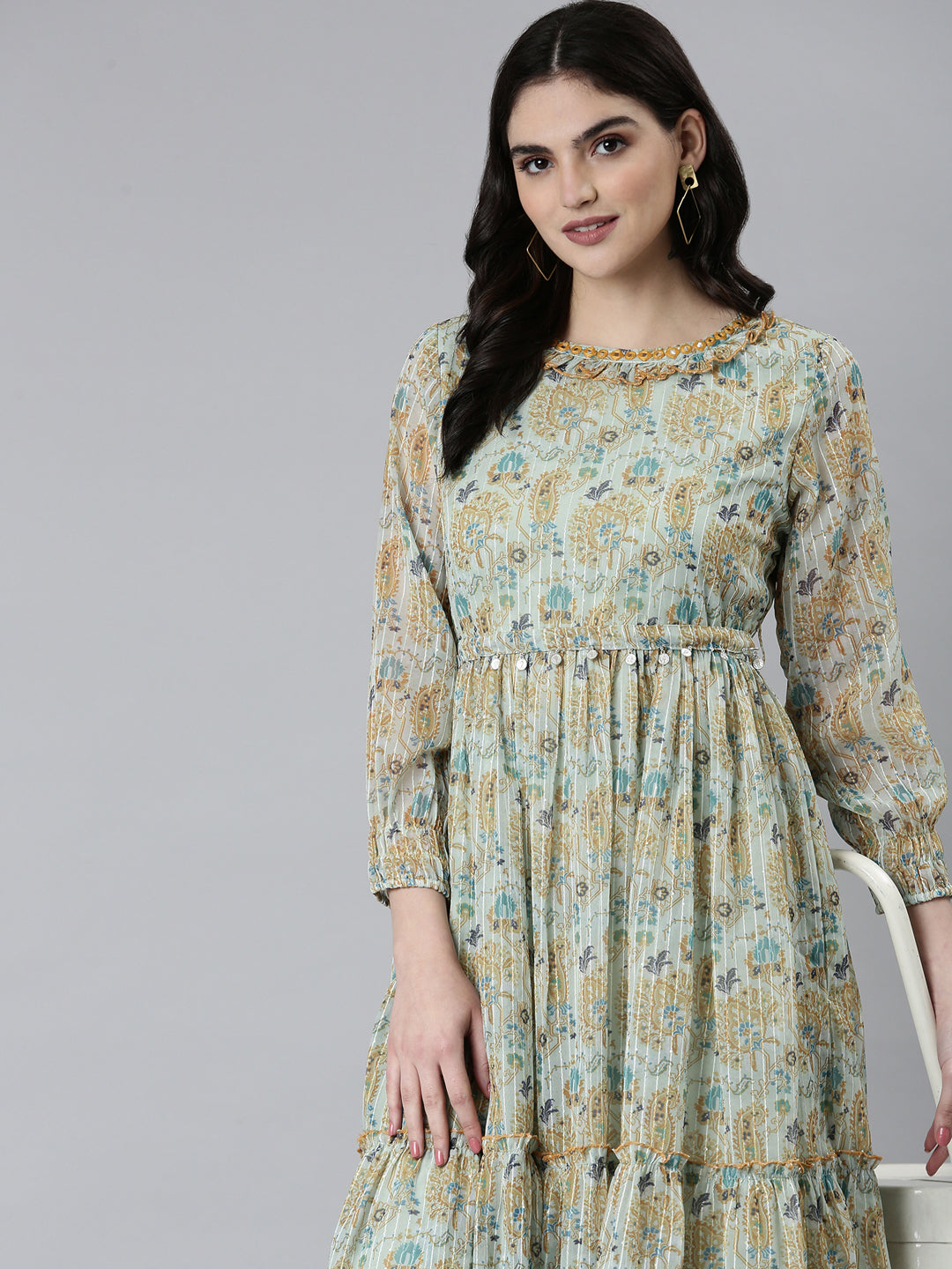 Women Sea Green Embellished Fit and Flare Dress