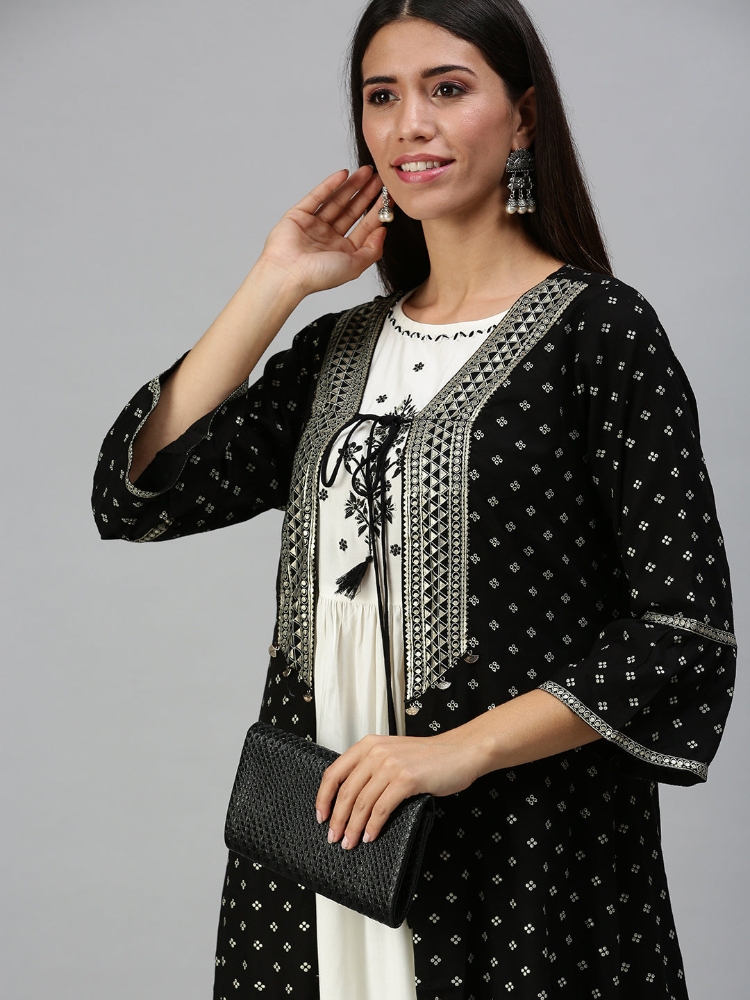 Women's Cream & Black Printed Anarkali Kurta