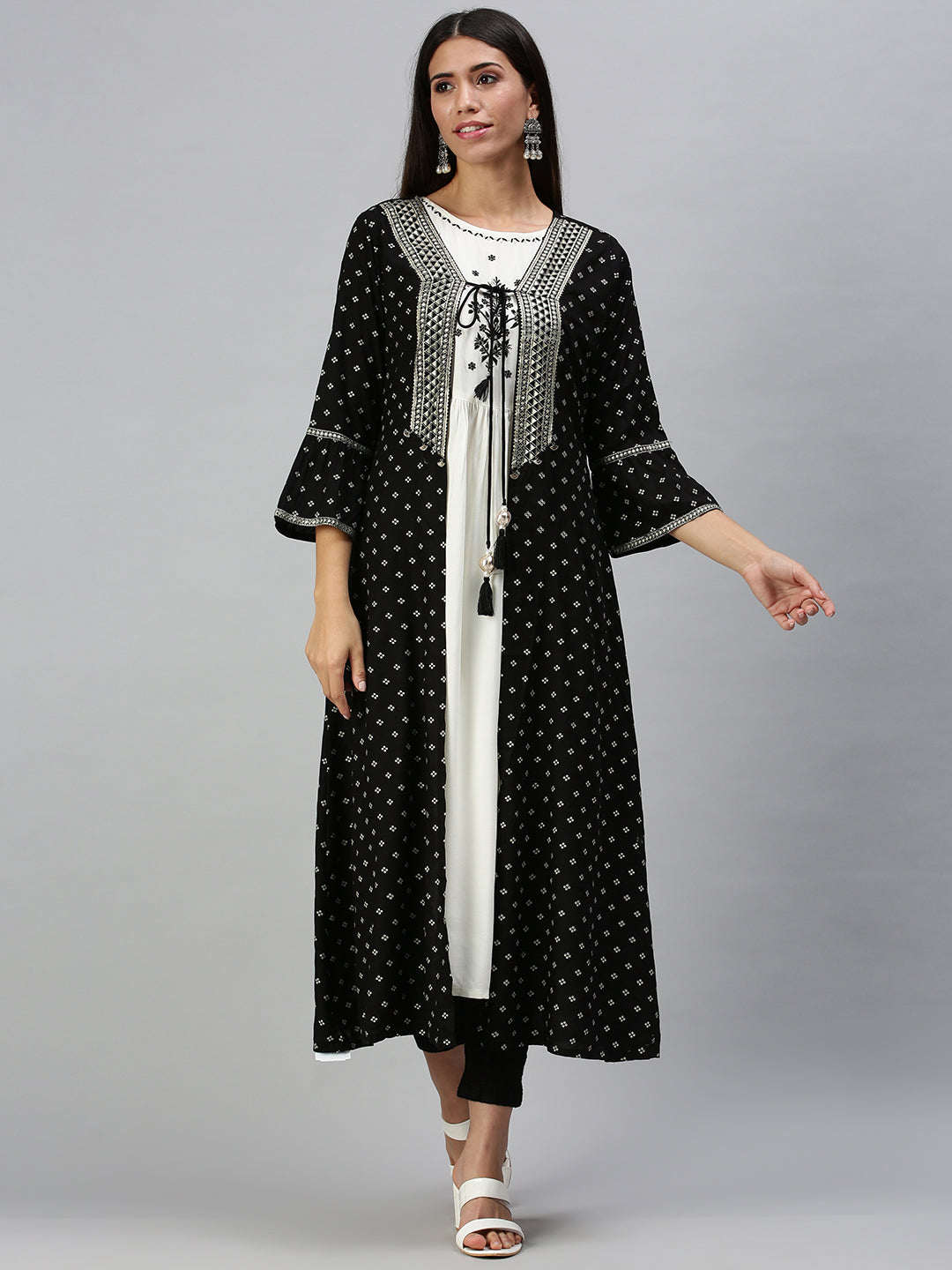 Women's Cream & Black Printed Anarkali Kurta