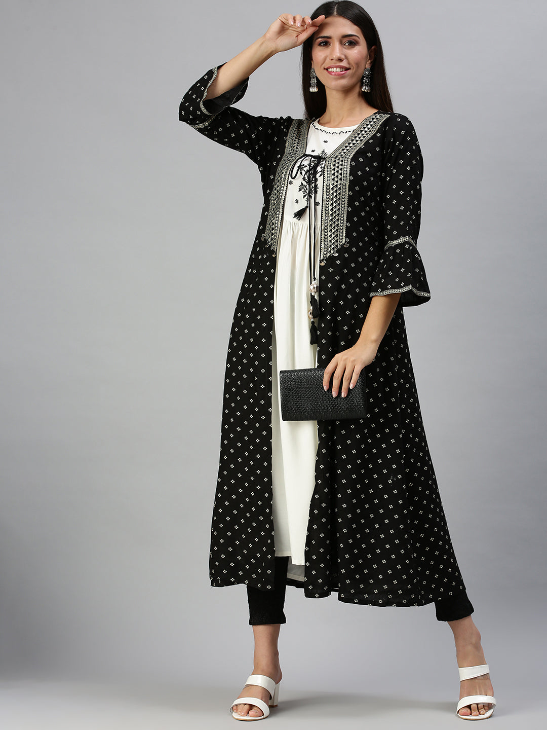 Women's Cream & Black Printed Anarkali Kurta