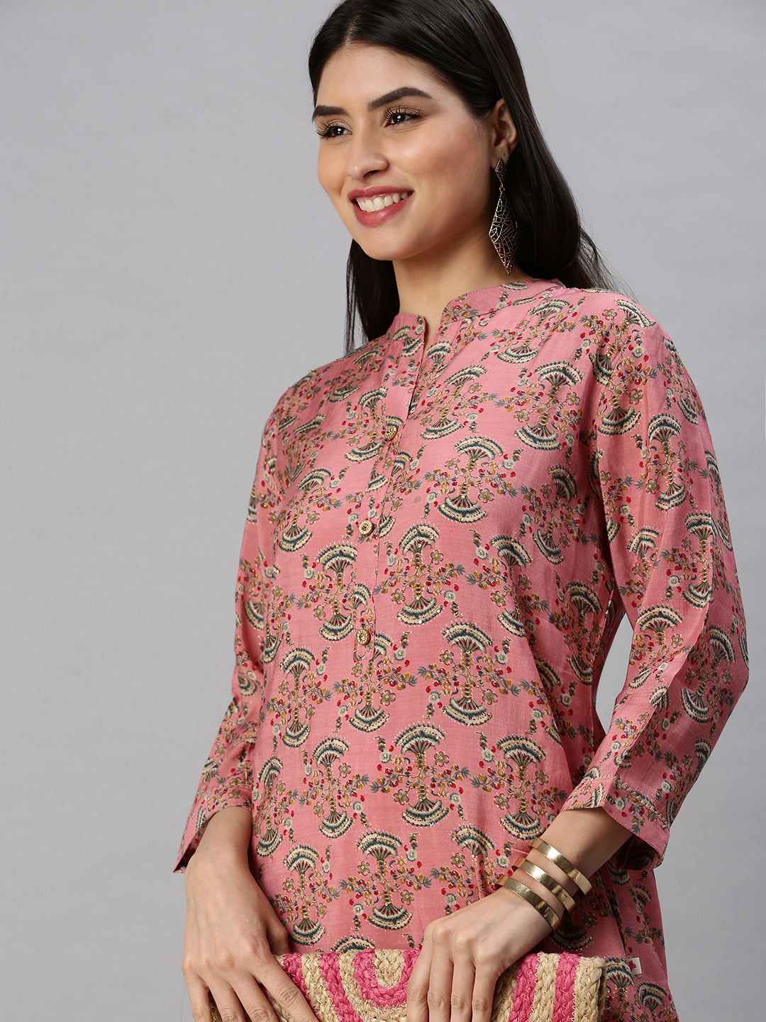 Women's Pink Printed Straight Kurta