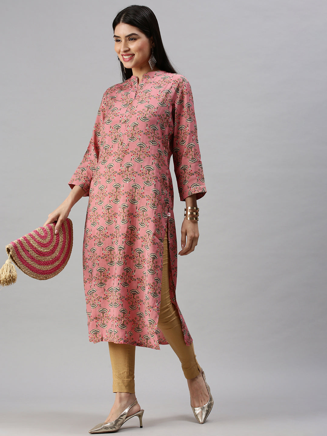 Women's Pink Printed Straight Kurta