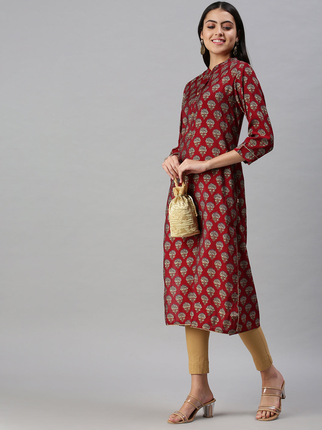 Women's Red Printed Straight Kurta