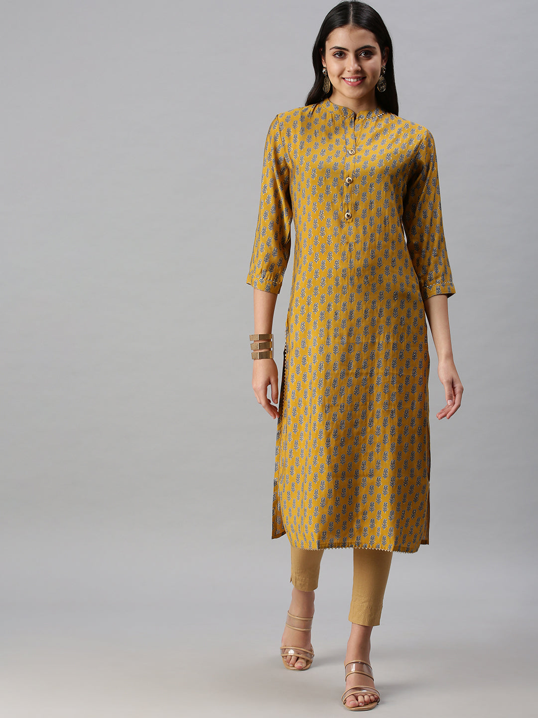 Women's Mustard Printed Straight Kurta