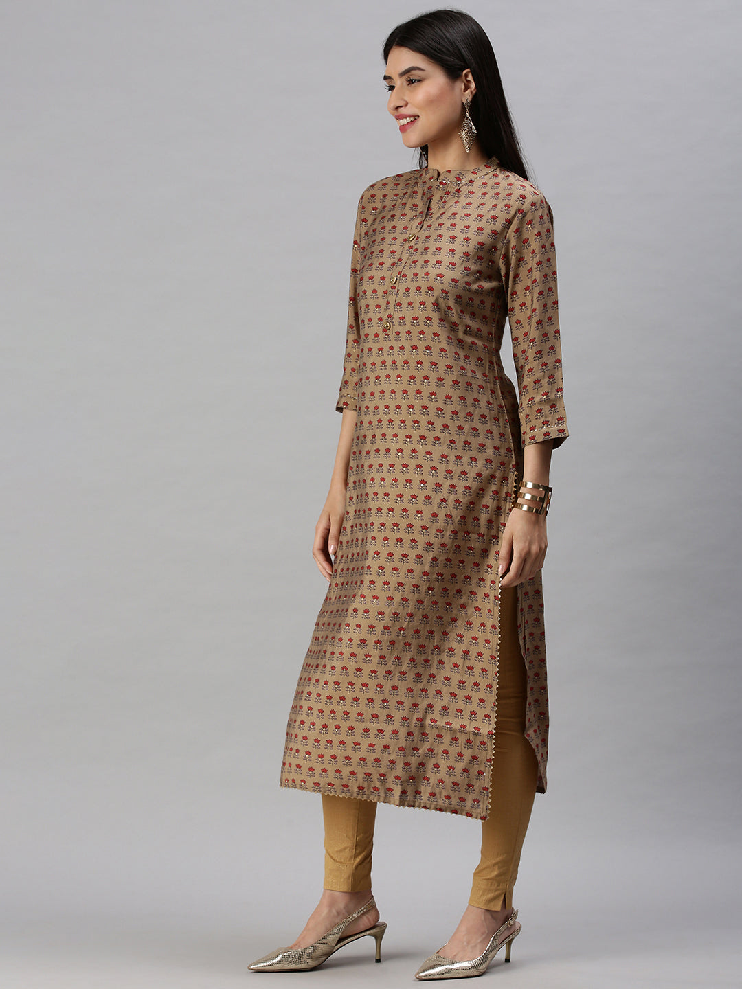 Women's Brown Floral Straight Kurta