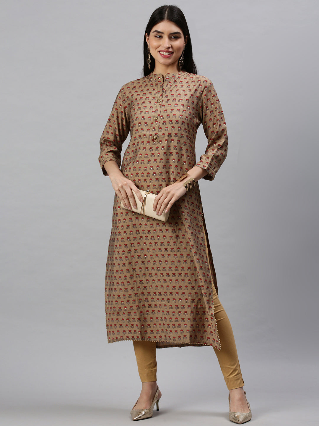 Women's Brown Floral Straight Kurta